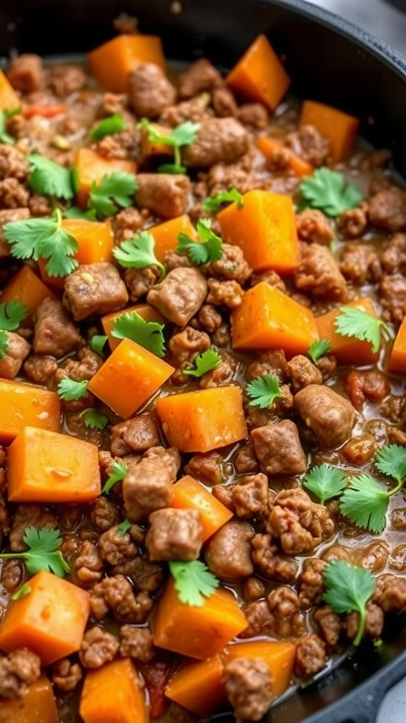 A colorful dish featuring ground beef and sweet potatoes topped with cilantro.