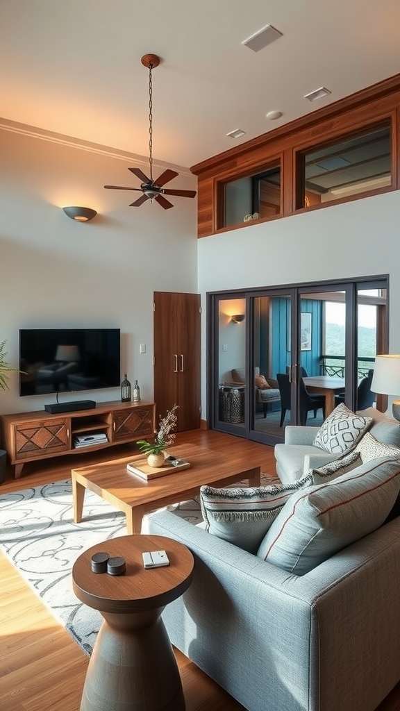 Modern living room with a cozy atmosphere featuring a coffee table, sofa, and entertainment setup.