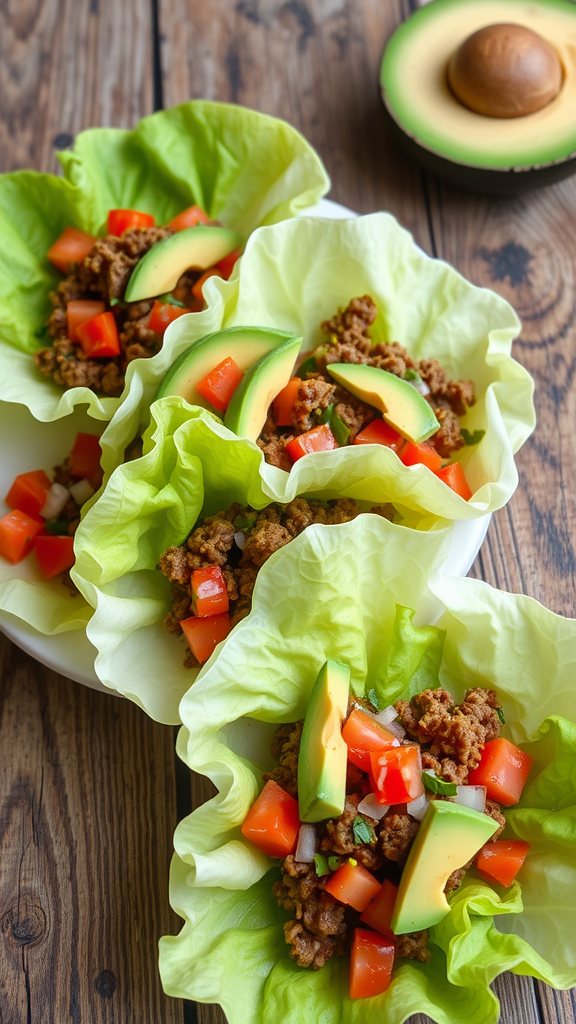 A plate of taco lettuce wraps filled with ground beef, tomatoes, and avocado.