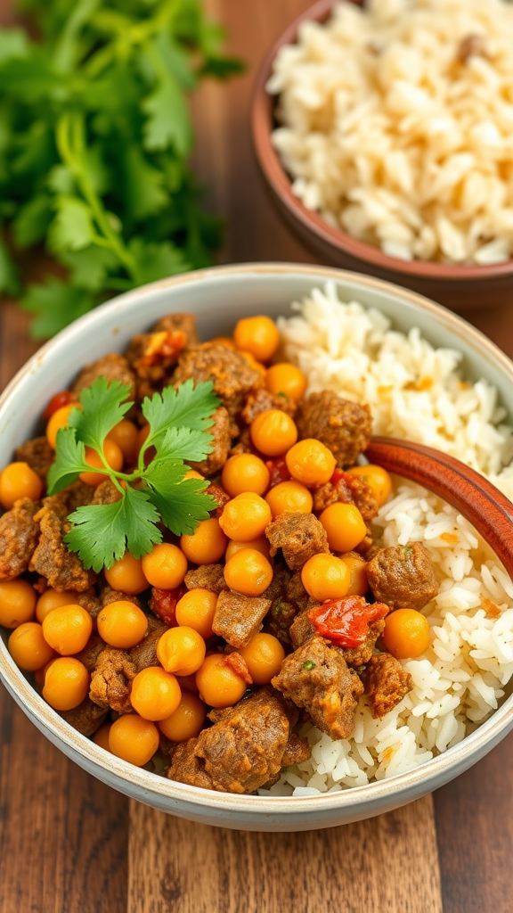 Bowl of curried ground beef and chickpeas served over rice with cilantro