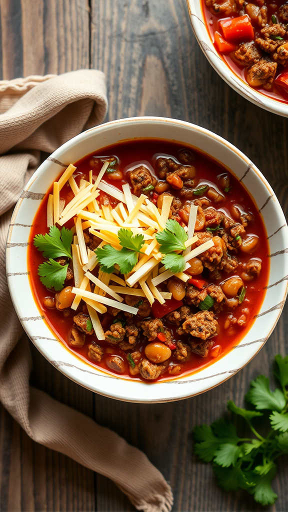 A bowl of ground beef and lentil chili topped with cheese and cilantro