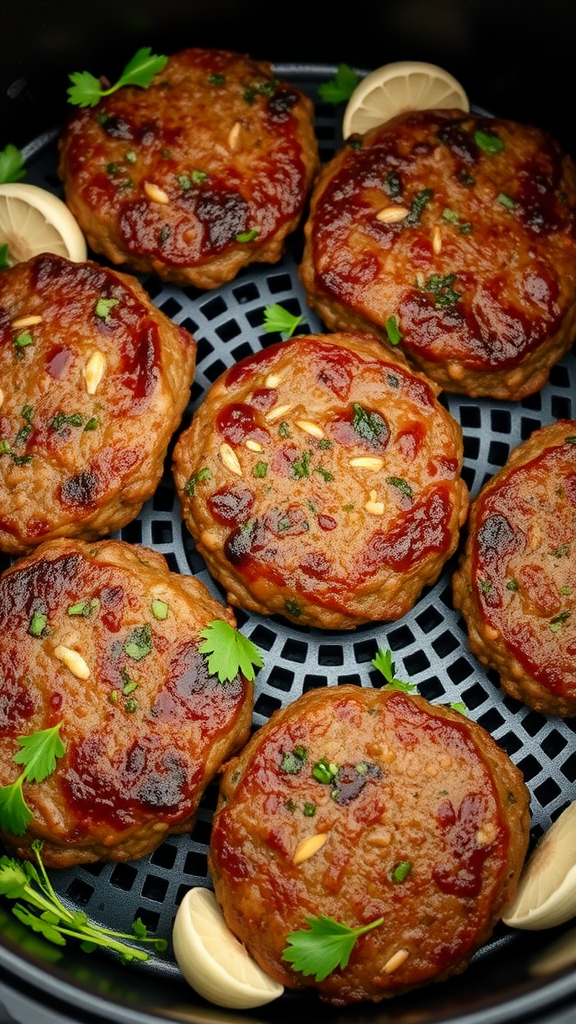 Delicious garlic herb beef patties cooked in an air fryer, garnished with herbs and lemon slices.