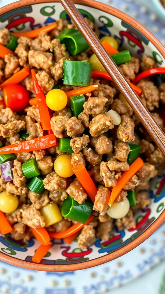 A colorful bowl of spicy ground beef and quinoa topped with fresh vegetables like bell peppers and zucchini.