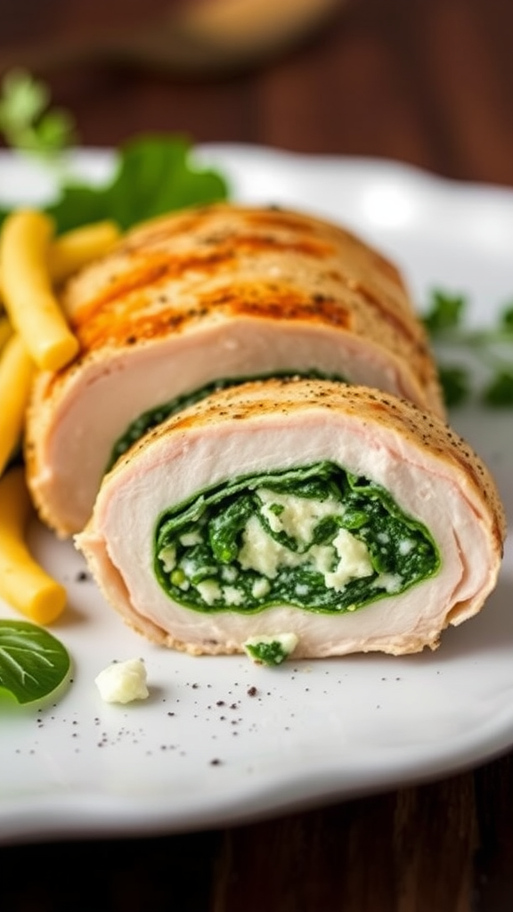 Air Fryer Spinach and Feta Stuffed Chicken sliced to show filling, served with pasta and greens