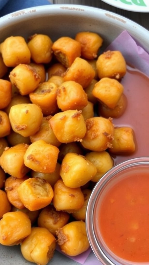 A bowl of crispy air fryer chickpeas with a side of dipping sauce.