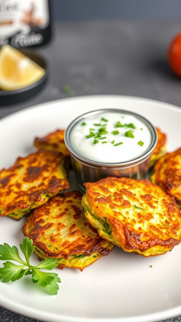 A plate of golden brown zucchini fritters served with a yogurt dip and lemon wedges.