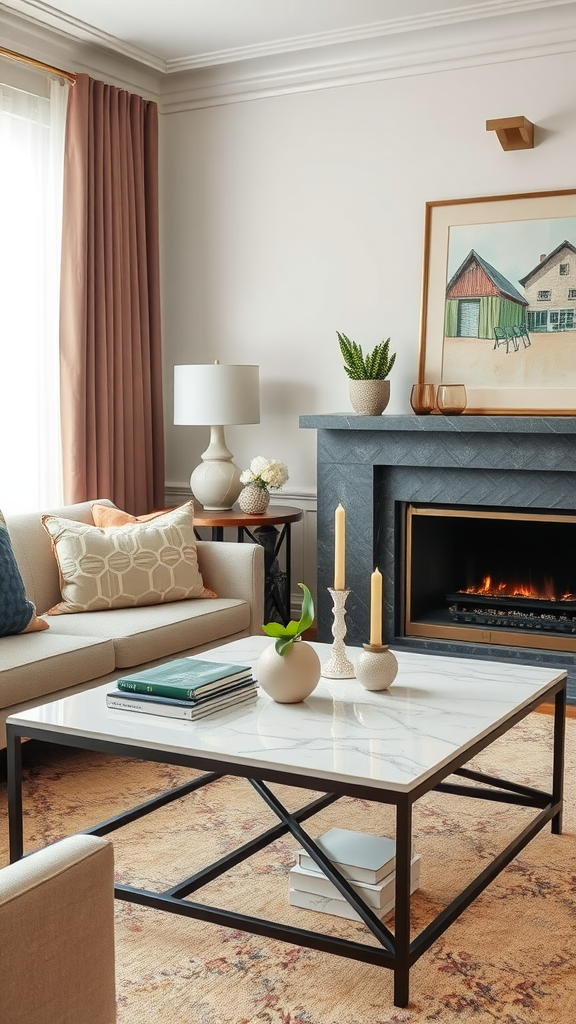 A stylish coffee table in a cozy living room setting with a fireplace.