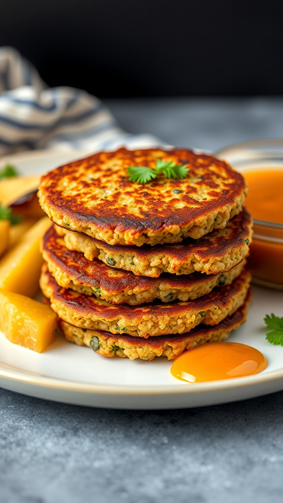 A plate of crispy quinoa patties stacked with fresh ingredients and a side of fruits.