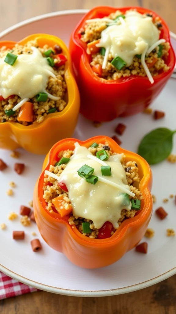 Three stuffed bell peppers filled with a colorful mixture and topped with cheese.