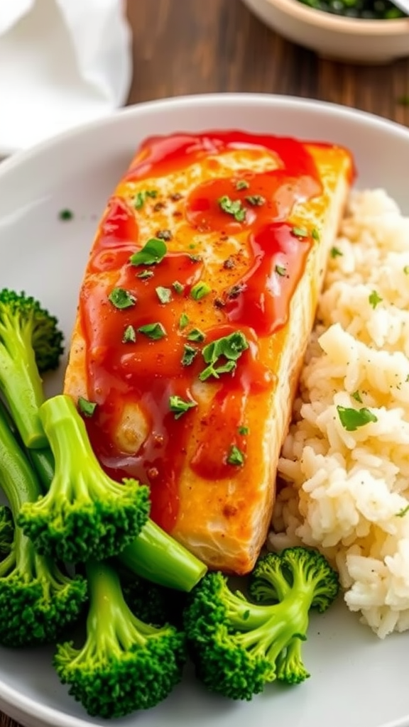 Air fryer teriyaki salmon served with broccoli and rice