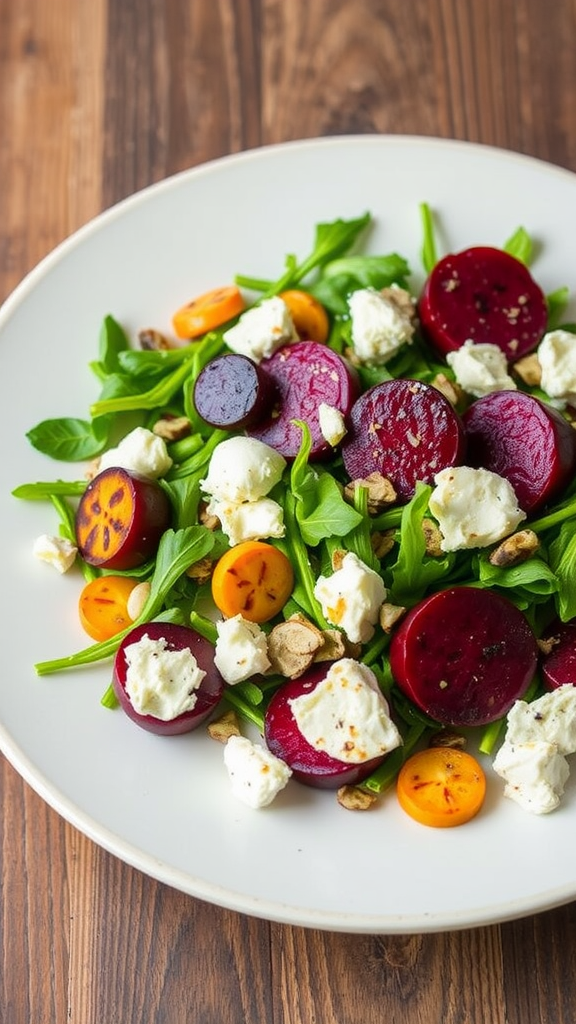 A colorful salad featuring sliced beets, goat cheese, arugula, and cherry tomatoes on a plate.