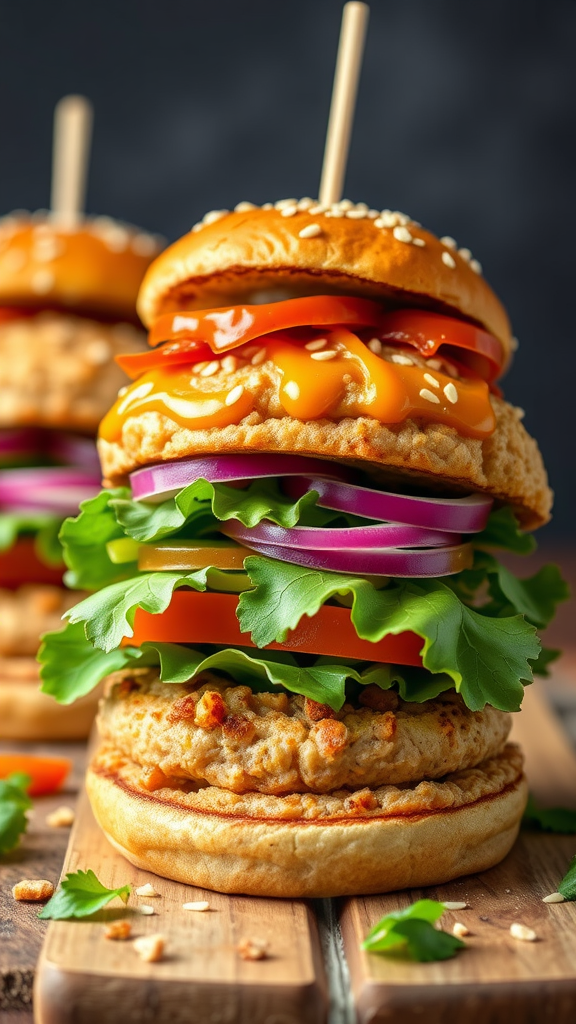 A towering air fryer turkey burger with lettuce, tomato, cheese, and onion on a wooden board.