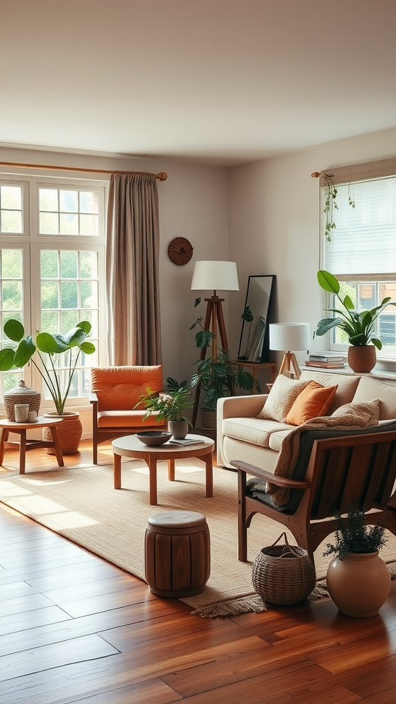 A cozy living room featuring natural elements, plants, and warm wood accents.