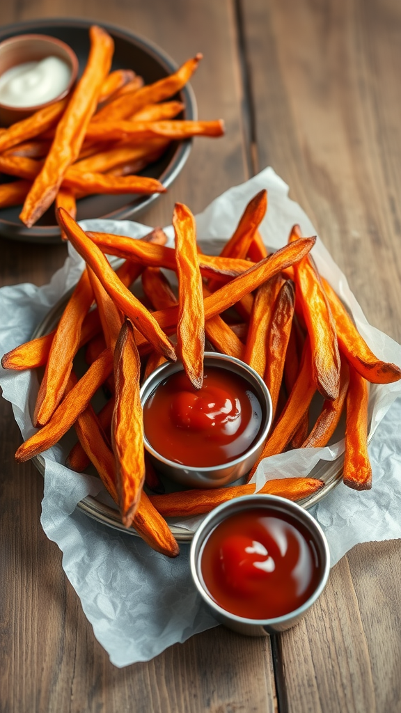 A plate of crispy air fryer sweet potato fries served with ketchup and a side of creamy dip.