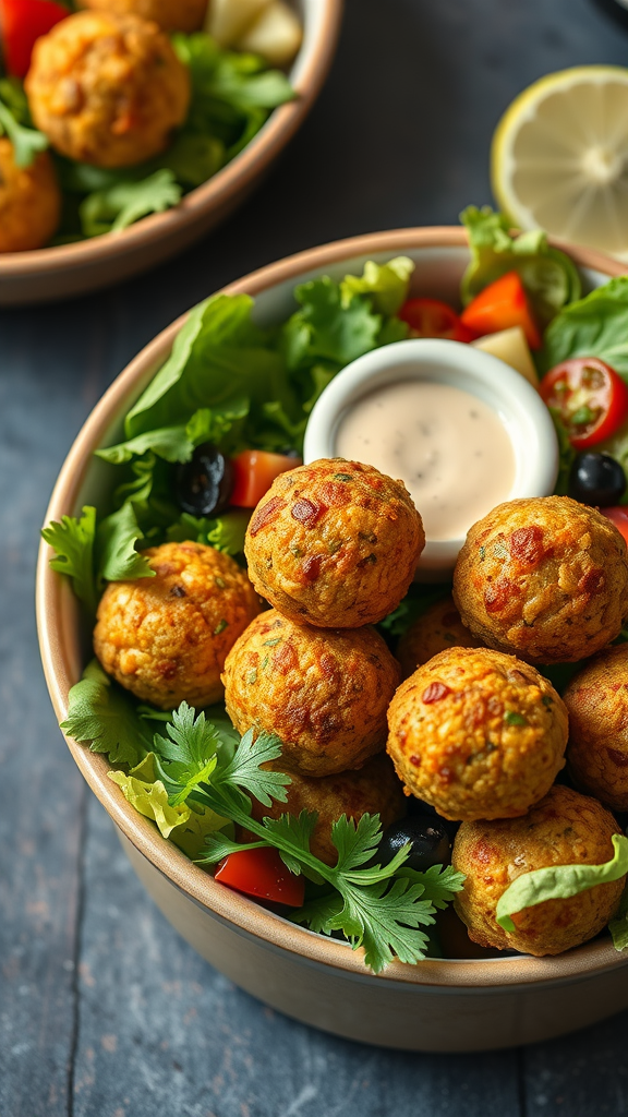 A bowl of oven-baked falafel served on a fresh salad with a dipping sauce.