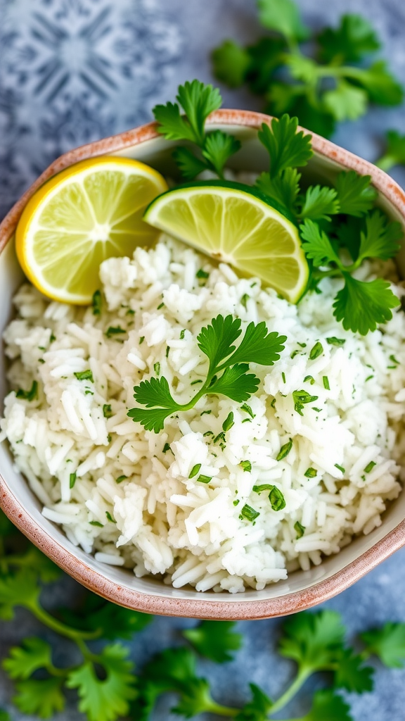 A bowl of cilantro lime rice with lime slices and cilantro leaves.