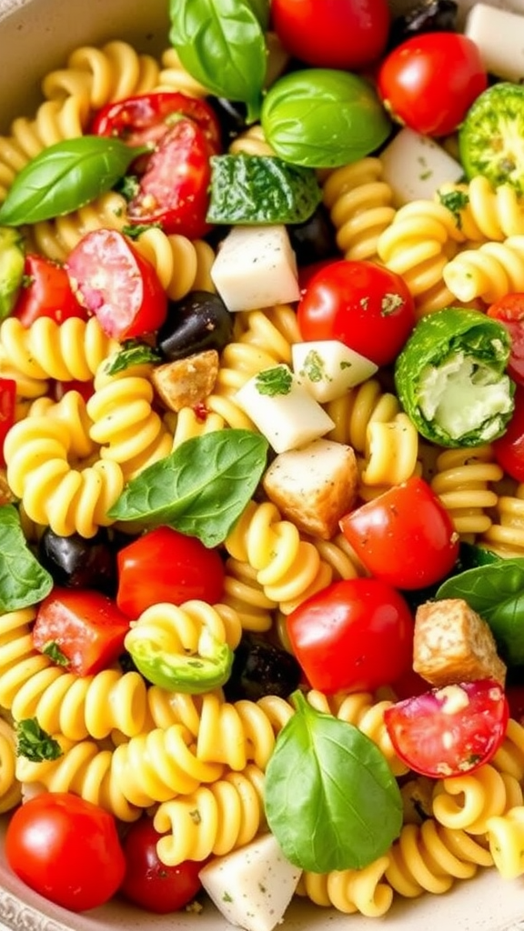 A colorful bowl of Air Fryer Pesto Pasta Salad with pasta, cherry tomatoes, mozzarella, and fresh basil.