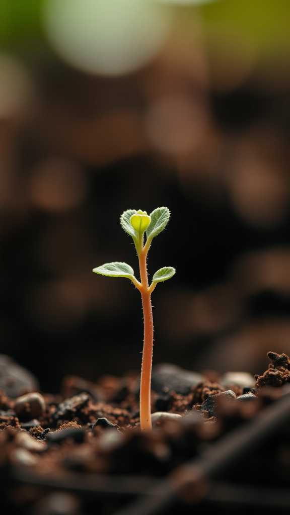 A small green seedling emerging from the soil, symbolizing growth and patience.