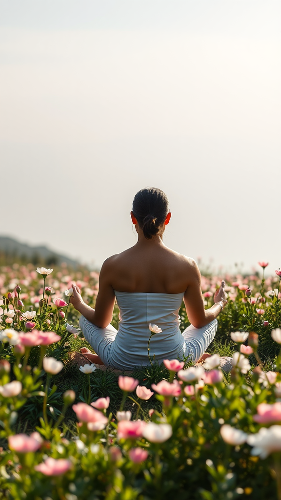 A person meditating in a flower field, representing gardening as a form of meditation