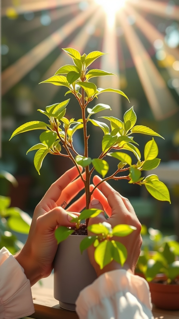 A person gently touching a small green plant in a pot, surrounded by sunlight.