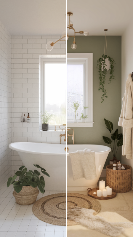 traditional basic bathroom transformed into spa boho haven