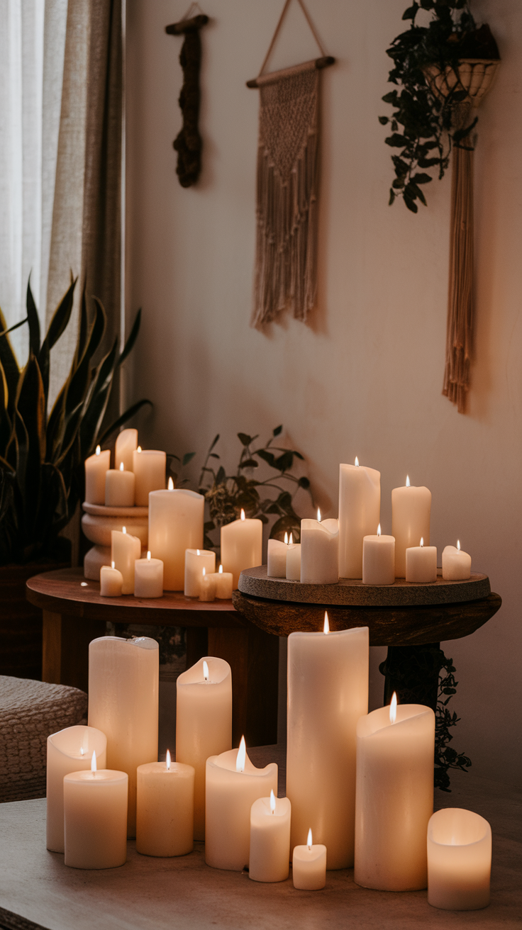 A collection of white candles of various heights glowing softly in a cozy living room setting.