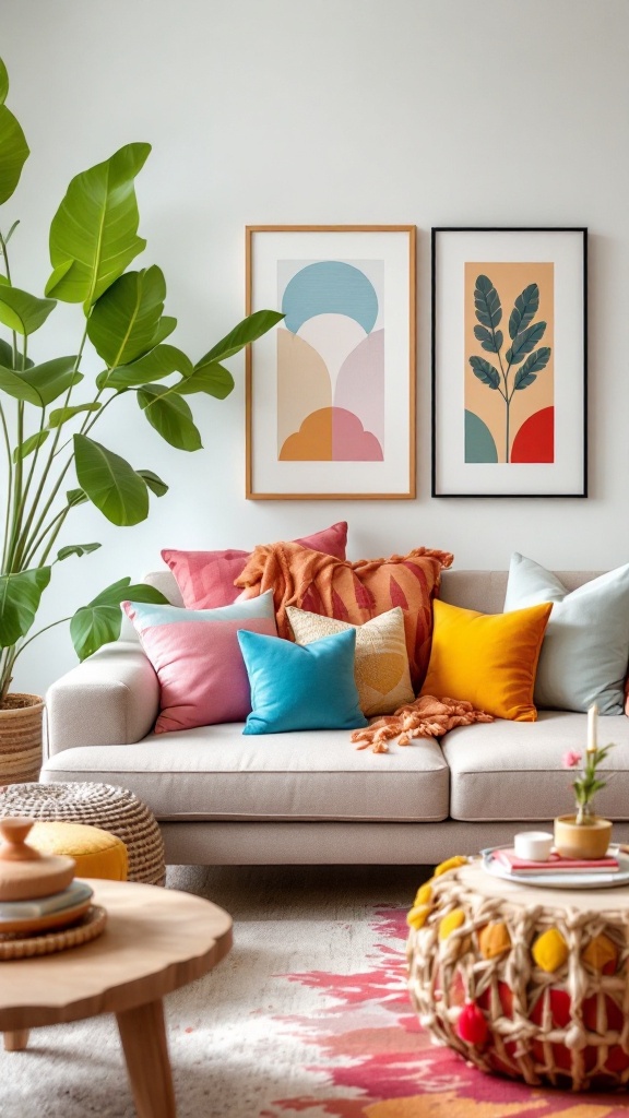 A cozy living room featuring colorful throw pillows on a sofa, surrounded by plants and artistic wall decor.