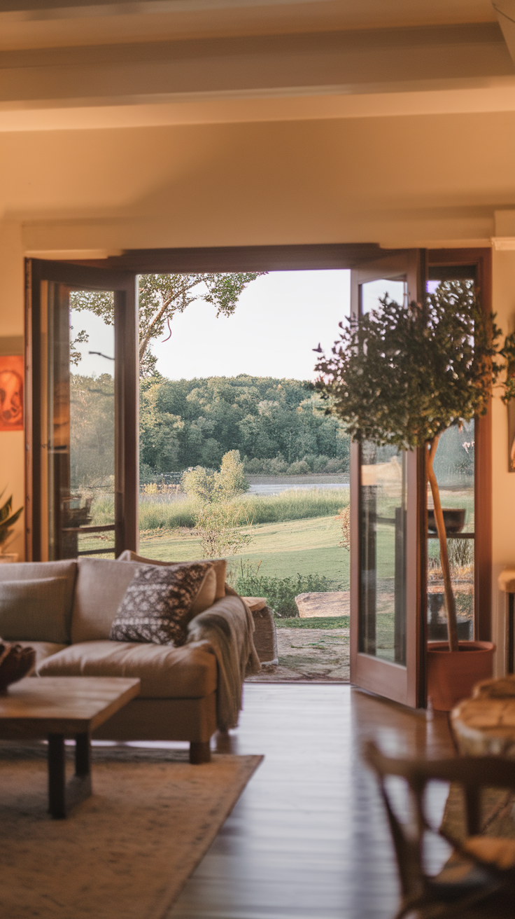 Cozy living room with open doors leading to a scenic view of greenery and water.