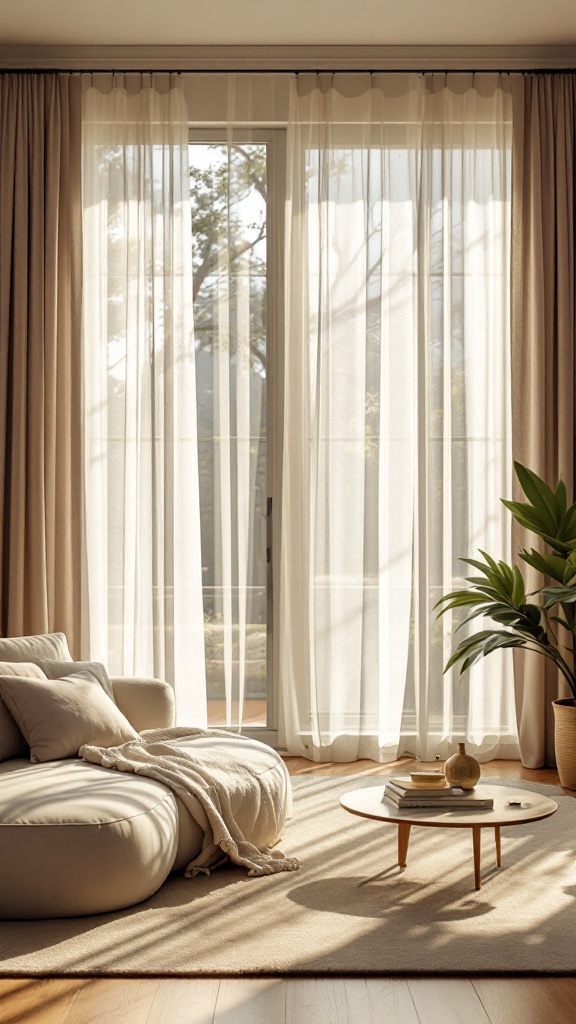 A cozy living room with sheer curtains letting in natural light, featuring a modern boho rug and plants.