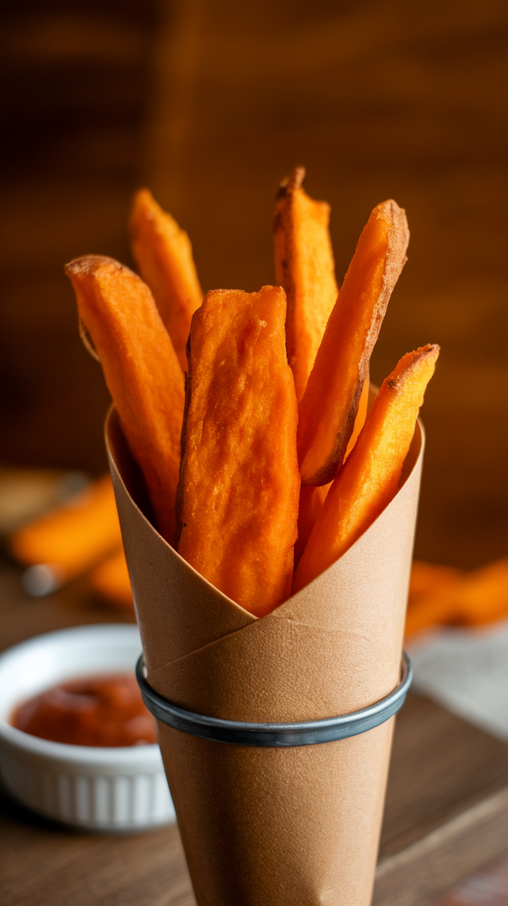 Crispy sweet potato fries in a cone with a side of dipping sauce