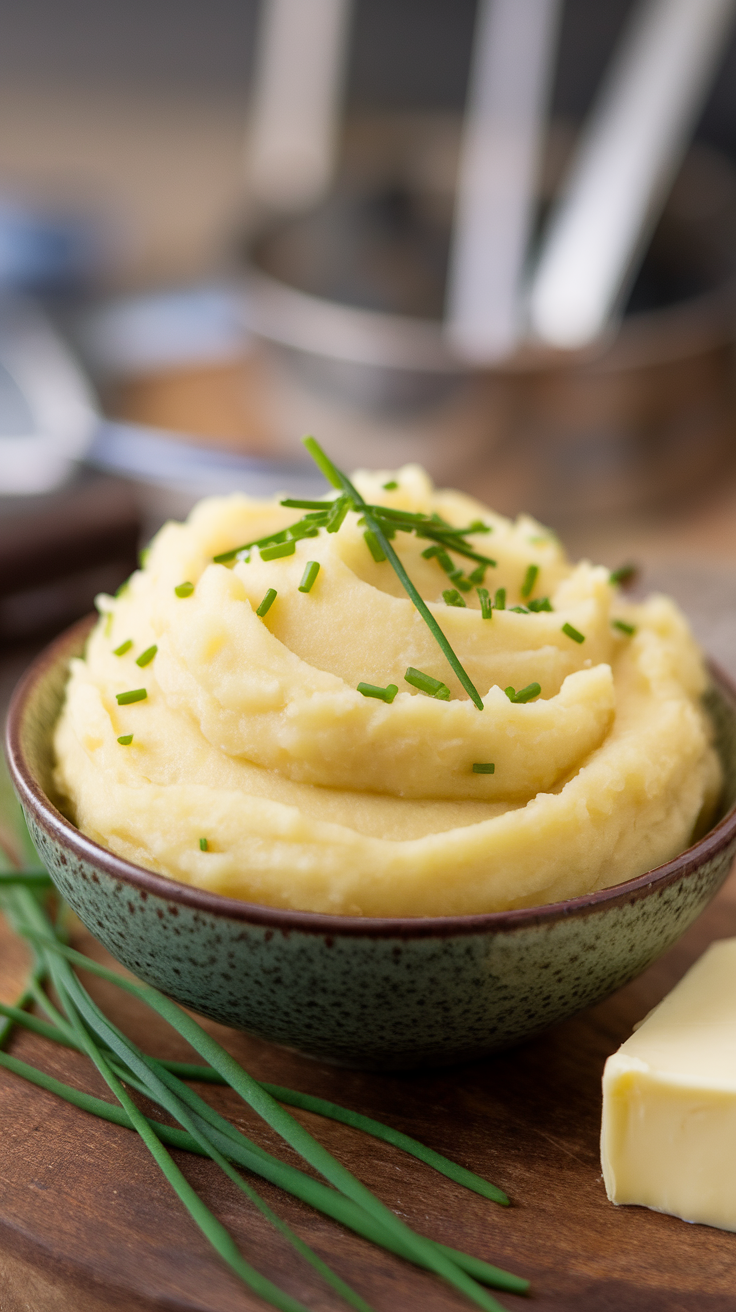 A bowl of creamy mashed potatoes topped with chives, with butter on the side.