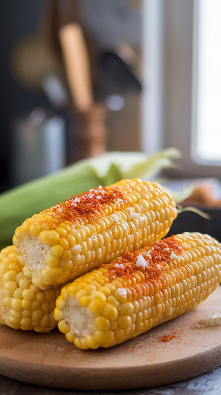 Air fried corn on the cob sprinkled with salt and spices on a wooden board