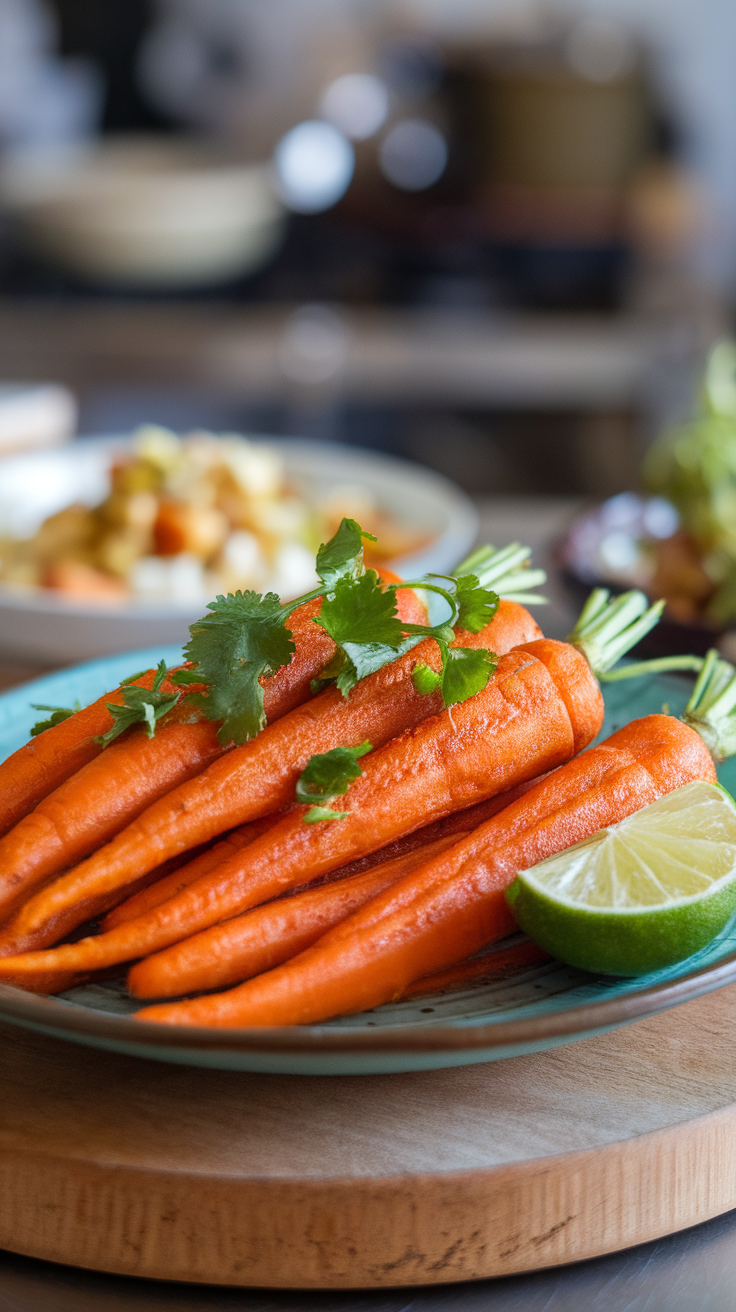 A plate of vibrant orange air fryer carrots garnished with cilantro and a lime wedge.