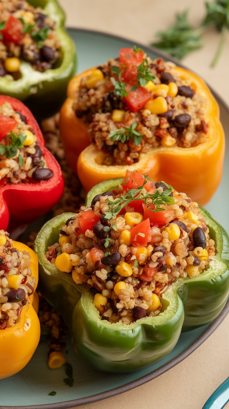 Colorful stuffed bell peppers filled with grains, beans, corn, and topped with fresh tomatoes and herbs.