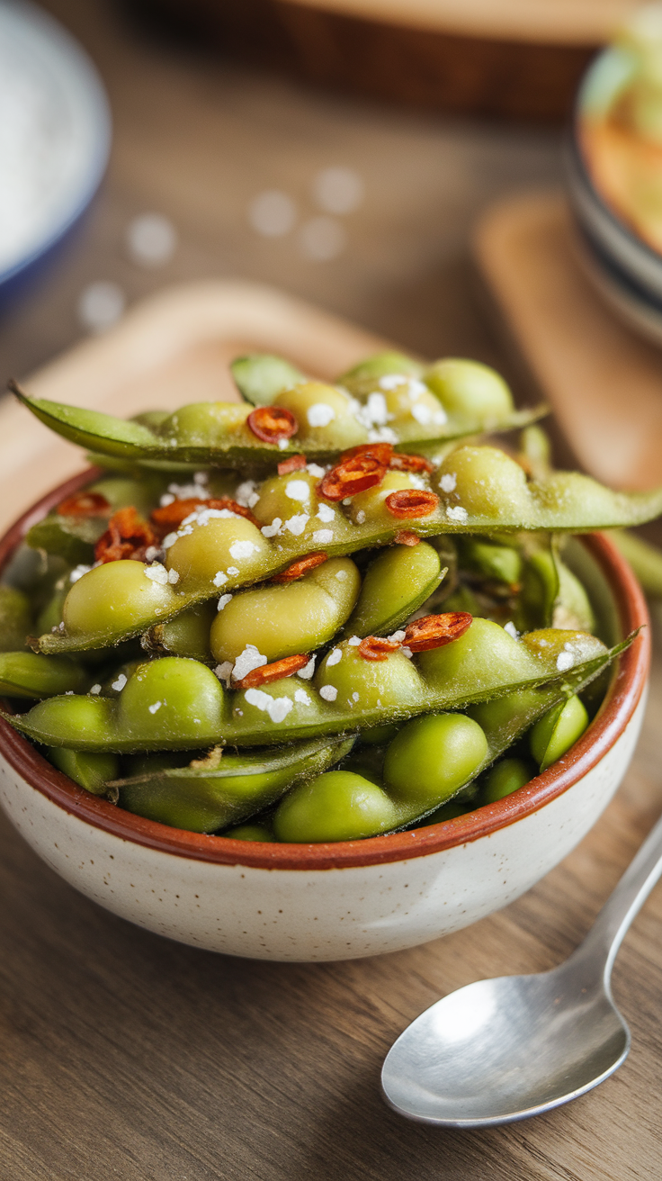 A bowl of spicy air fryer edamame with chili flakes and salt on top.