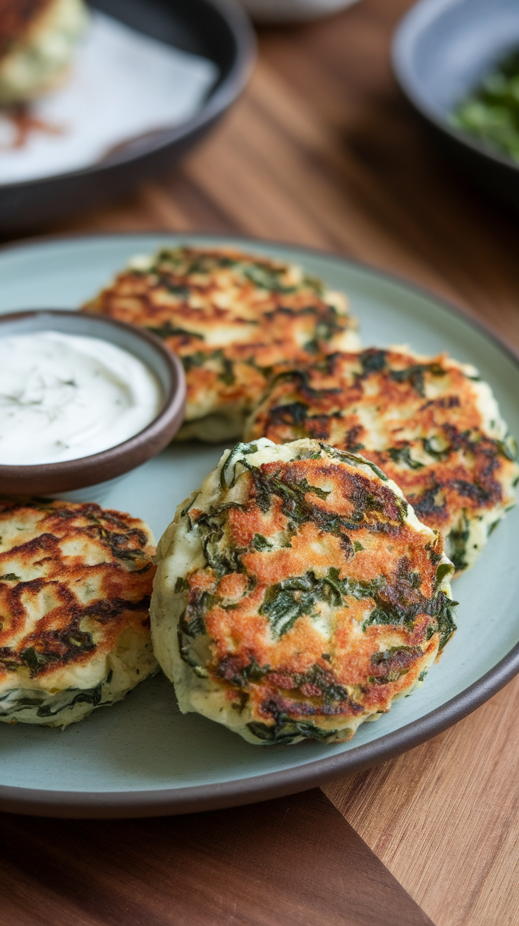 Golden brown air fryer spinach and cheese patties served with a dipping sauce.