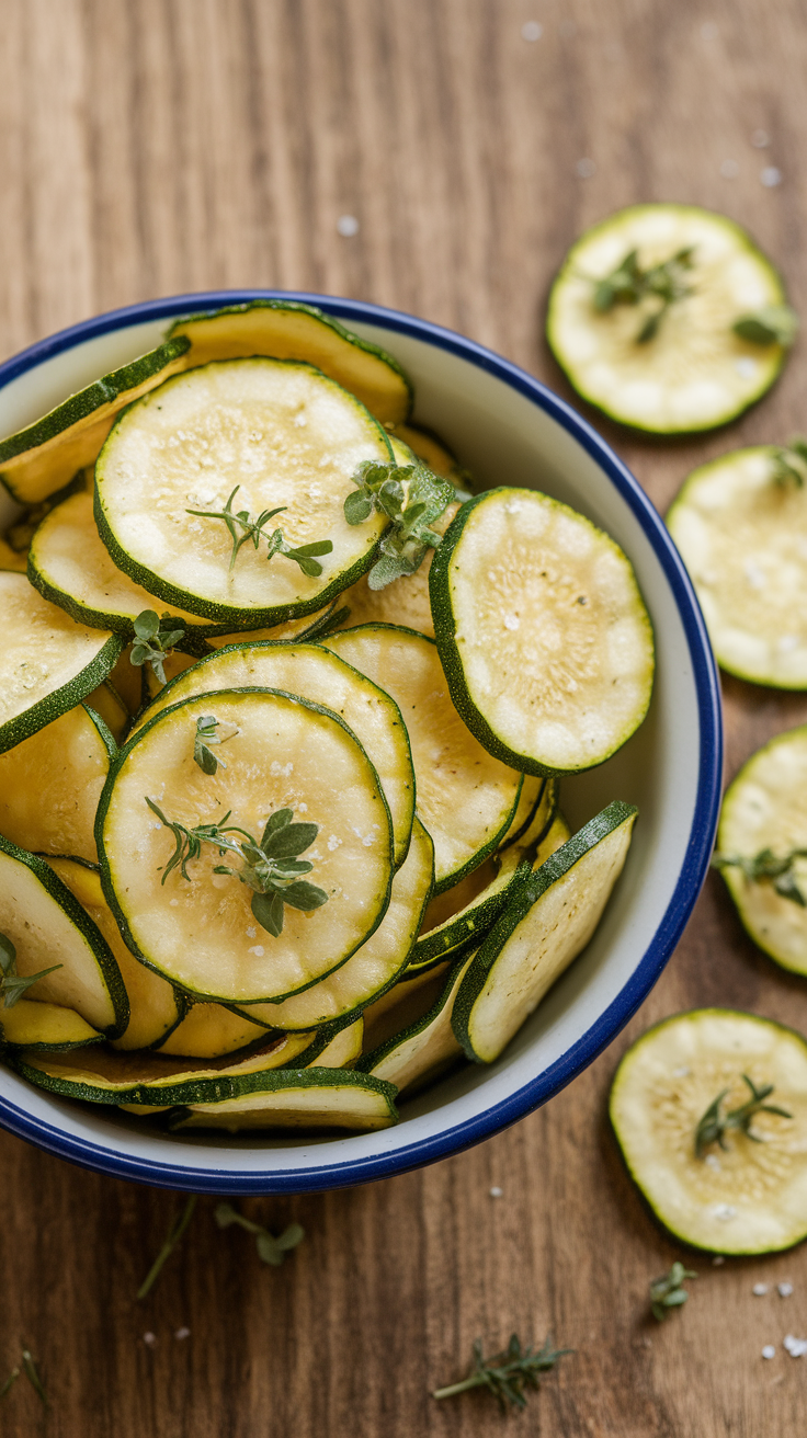 Bowl of herbed zucchini chips on a wooden surface.