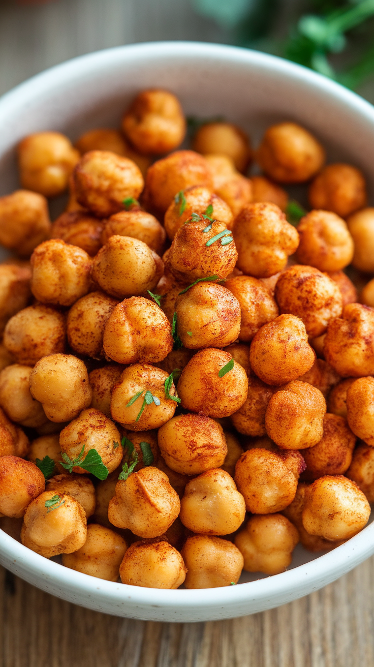 A bowl of crispy air fryer chickpeas seasoned with spices.