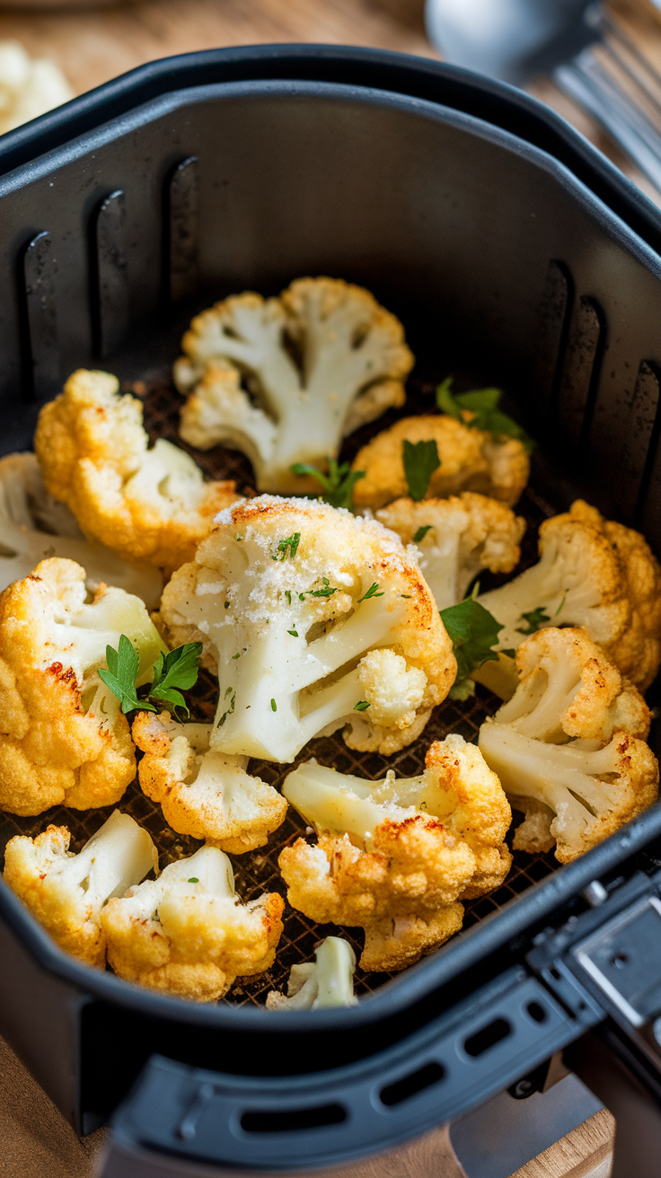 A close-up of garlic parmesan air fryer cauliflower in an air fryer basket, garnished with parsley.