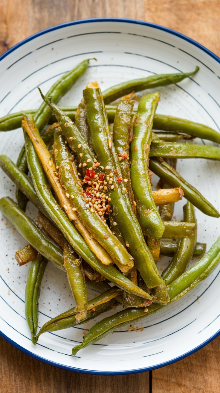 A plate of air-fried green beans topped with spices, showcasing a delicious, healthy side dish.