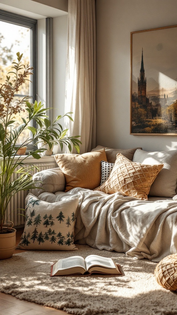 Cozy living room nook with a sofa, cushions, and plants, ideal for relaxation.