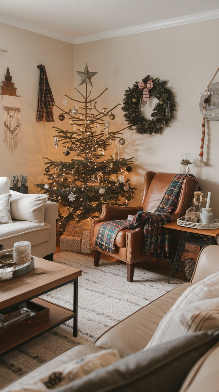 A cozy living room decorated for the holiday season with a Christmas tree and warm lighting.