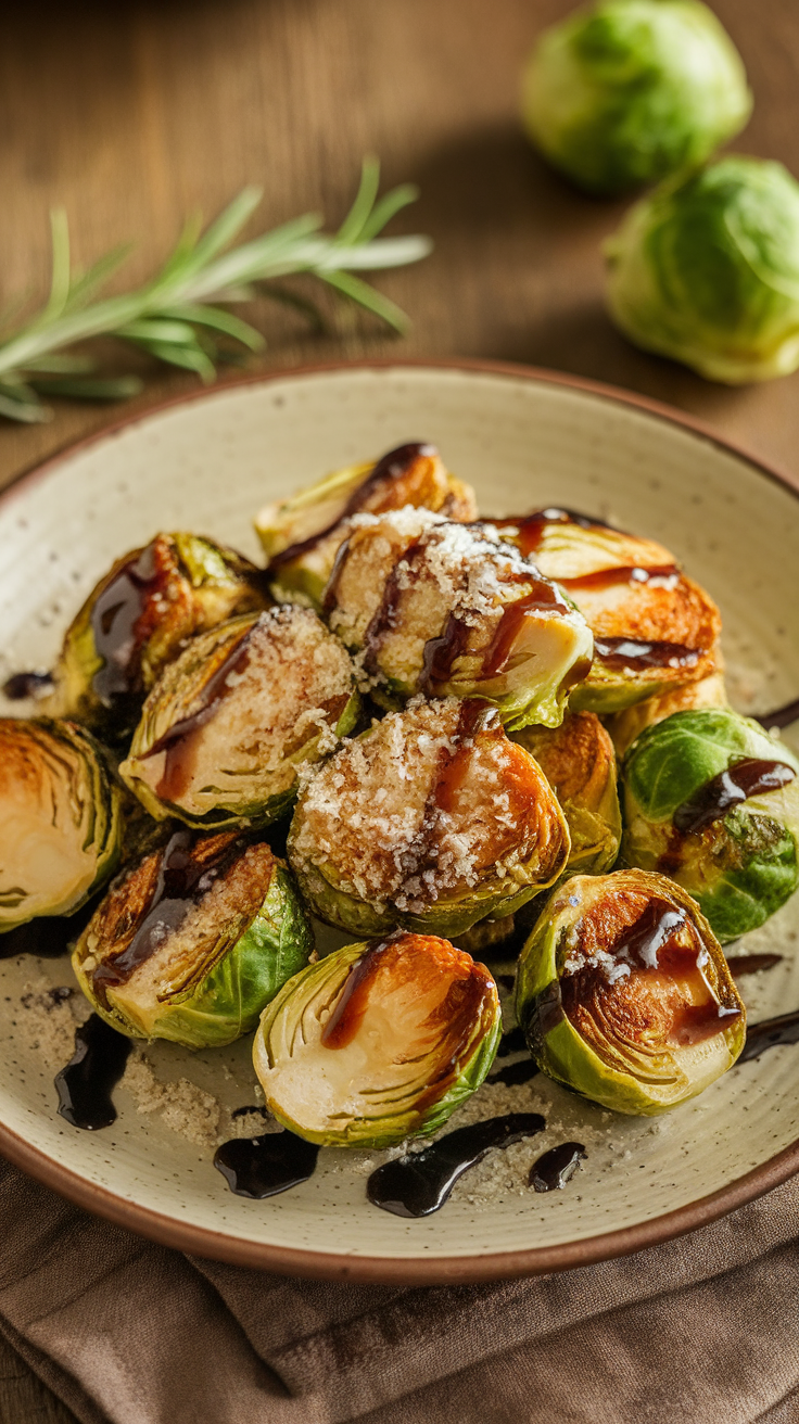 A plate of crispy air fryer Brussels sprouts drizzled with sauce and sprinkled with seasoning.