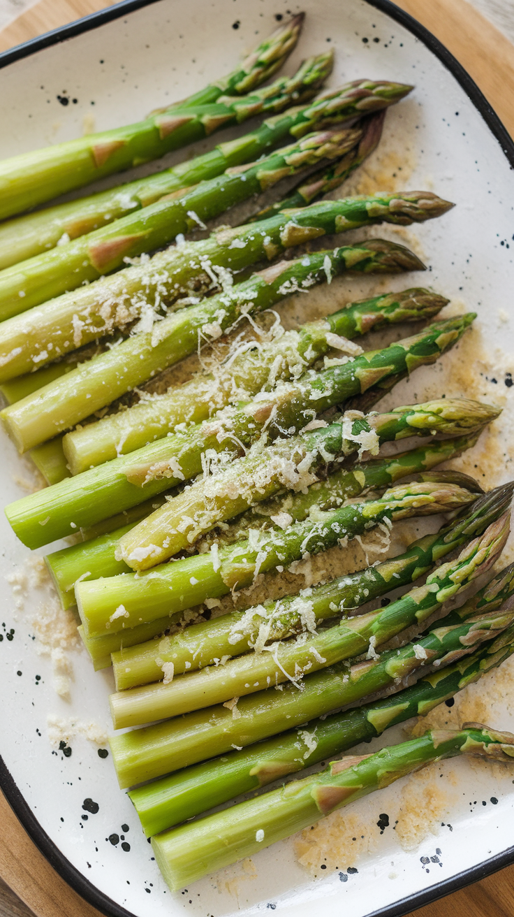 Air fryer asparagus topped with Parmesan cheese on a white plate.