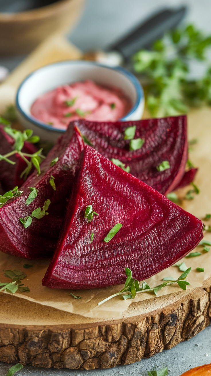 Air fryer beetroot wedges with a pink dip and herbs on a wooden board