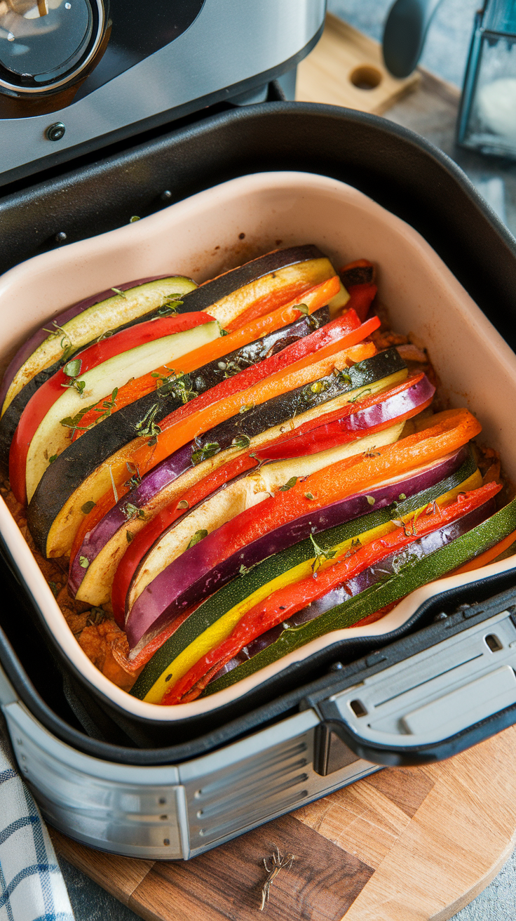 A colorful array of sliced vegetables including eggplant, zucchini, and bell peppers in an air fryer.