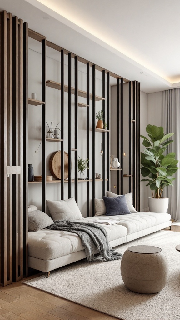 Stylish room divider with a modern design in a living room setting