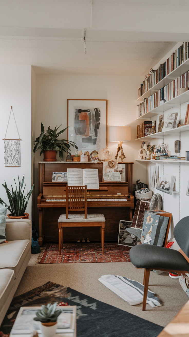 A cozy living room featuring a piano, plants, and various art pieces.