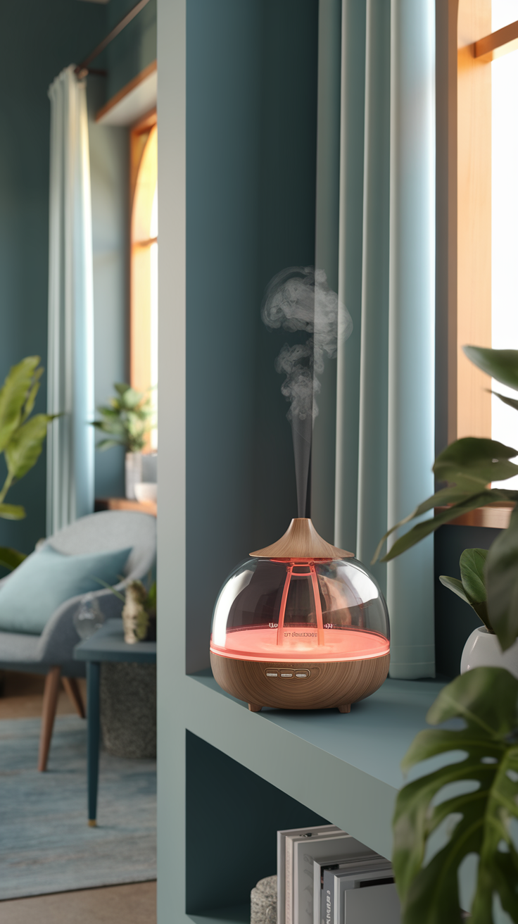 A modern aromatherapy diffuser releasing vapor in a cozy home setting