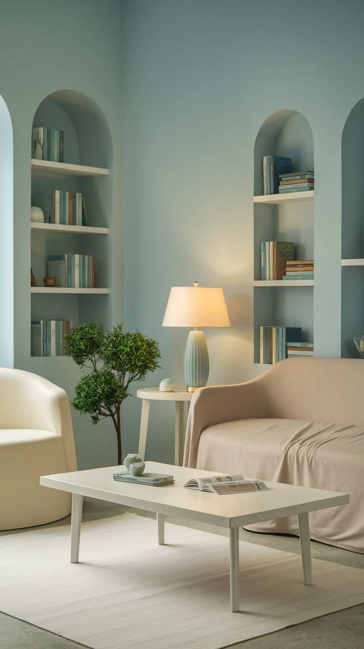 A serene living space with light blue walls, a cozy couch, and a warm lamp, ideal for relaxation.